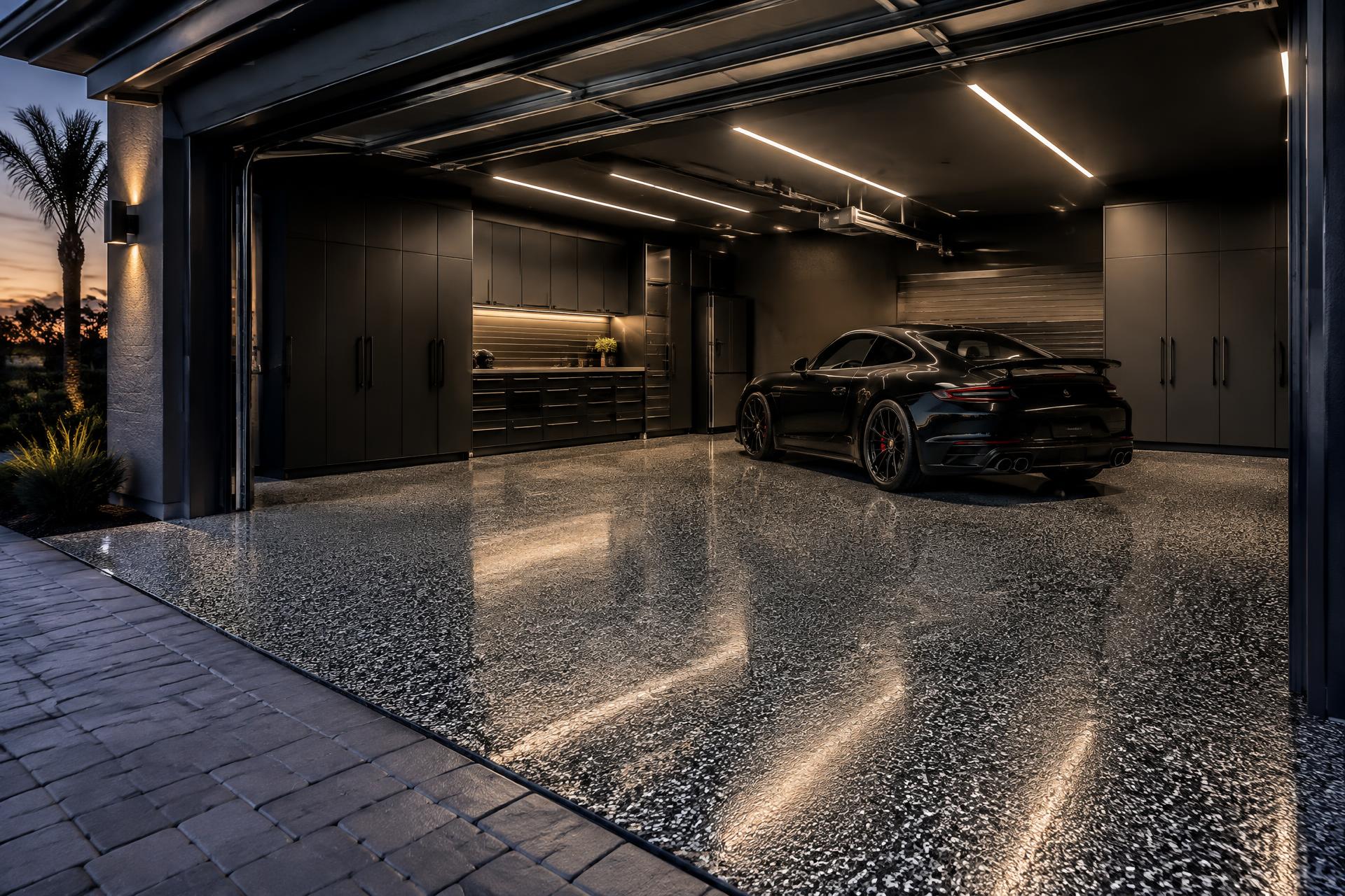 Premium finished garage with decorative floor coating